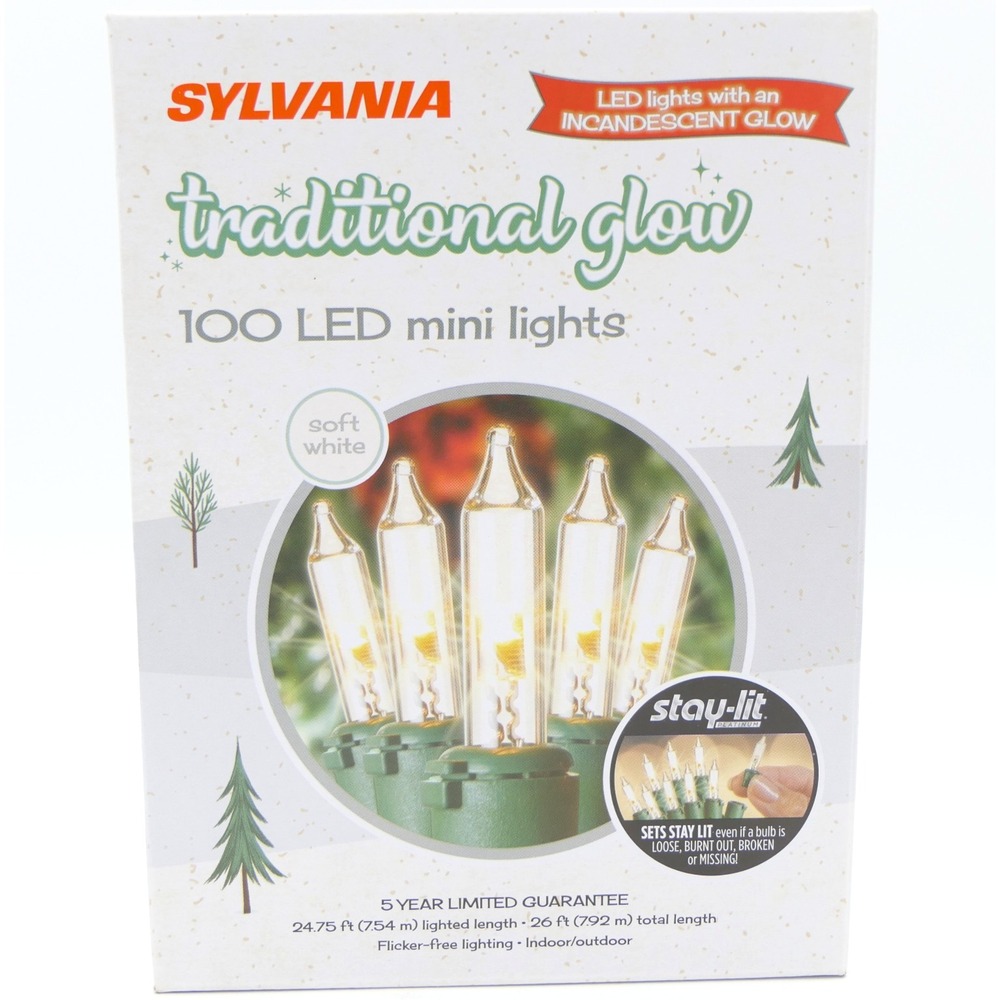 Sylvania Traditional Glow 100 LED Mini Lights Soft White Green Wire StayLit